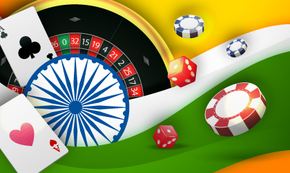Online Casino India, with roulette, playing cards, dice and chips